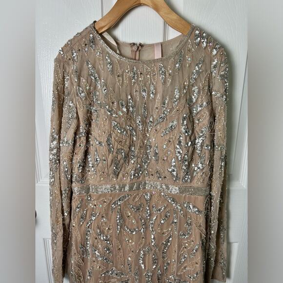 Mac Duggal Cream Silver Beaded Illusion Yoke Long Sleeve Evening #5124 Gown 10 - Picture 3 of 10